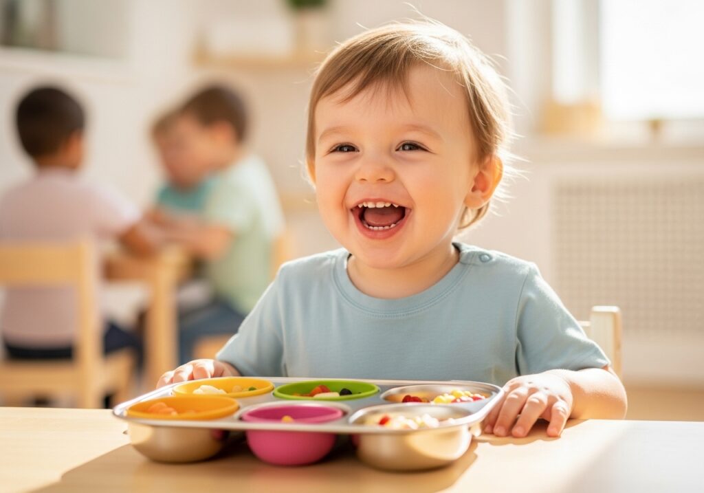 위생적인 심리스 식판에 담긴 음식을 맛있게 먹으며 웃는 아기