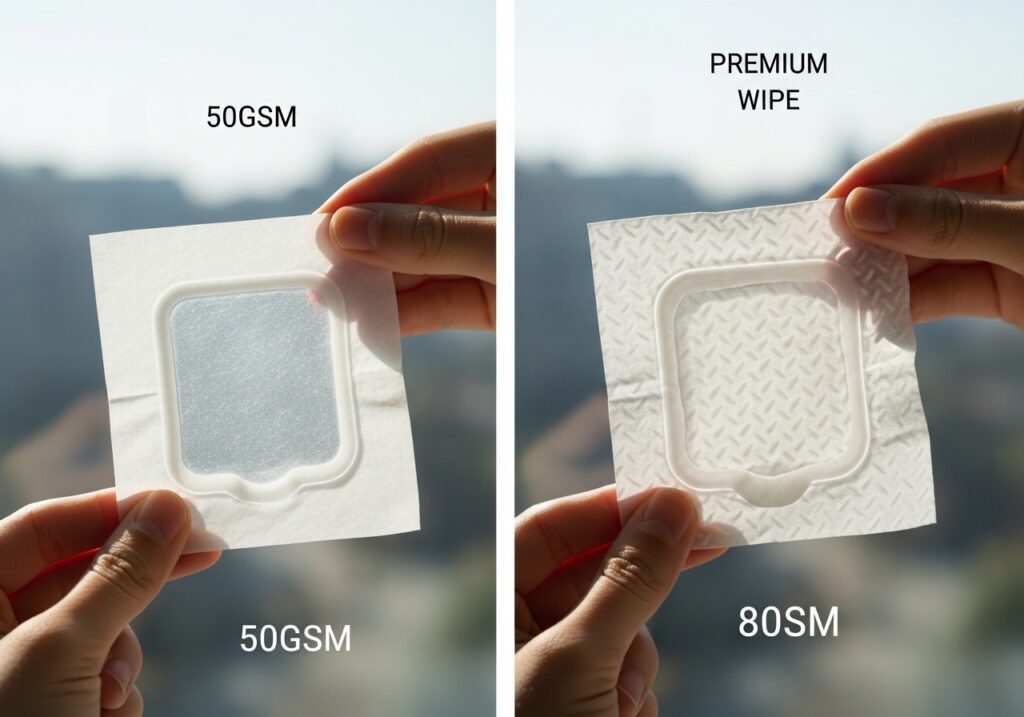 저가형 얇은 물티슈와 프리미엄 80GSM 고평량 물티슈의 비침 및 두께 비교