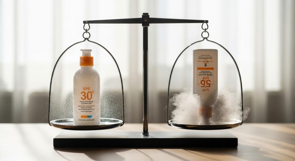 SPF 30과 50 선크림의 자외선 차단력 대비 화학 성분 함량의 시각적 비교