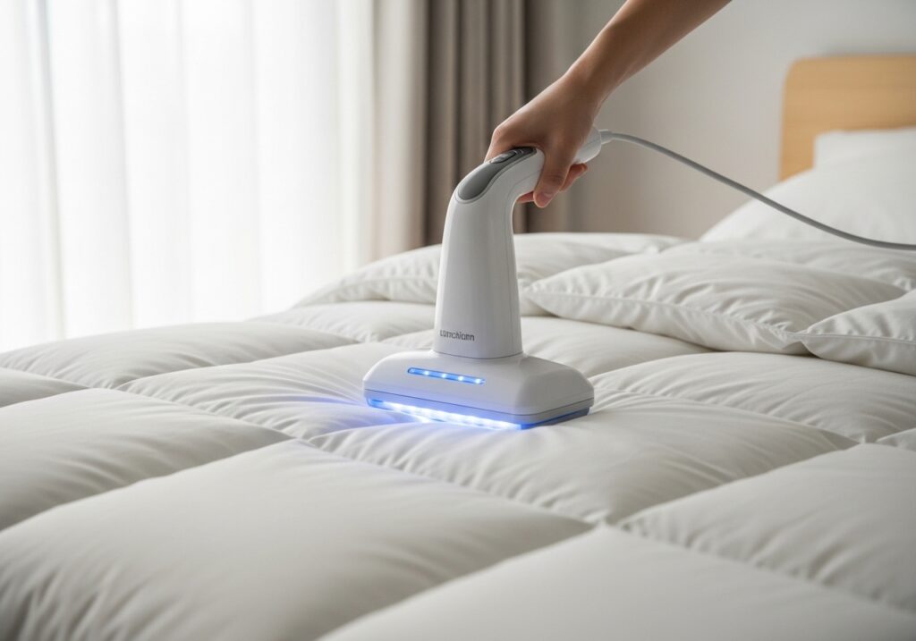 푸른색 UV 살균 라이트로 매트리스 속 진드기를 청소하는 침구 전용 청소기