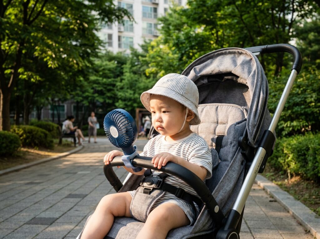 유모차 안전바에 달린 선풍기를 호기심 어린 눈으로 바라보는 한국 아기