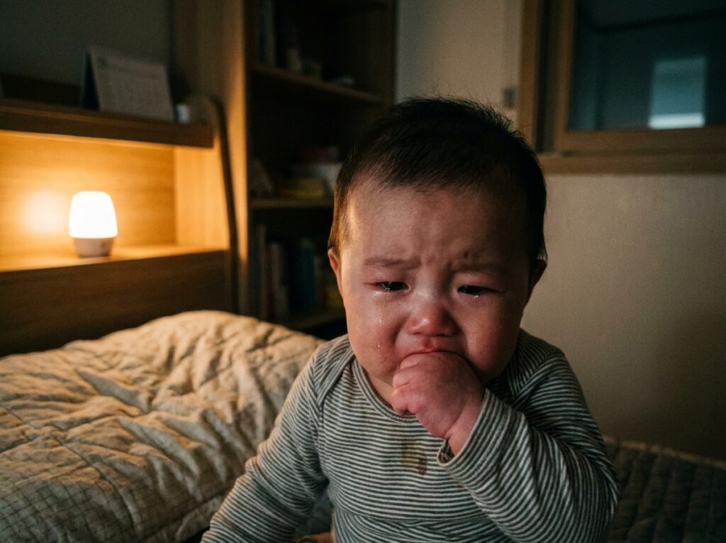 이앓이 통증과 잇몸 간지러움 때문에 밤새 자신의 주먹을 빨며 힘들어하는 신생아의 모습