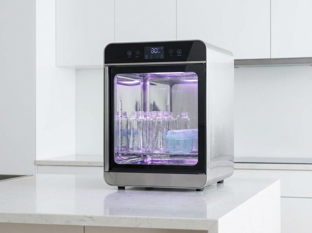 260~280nm UV-C LED 자외선과 열풍으로 아기 젖병과 이유식기를 살균하는 젖병소독기 내부