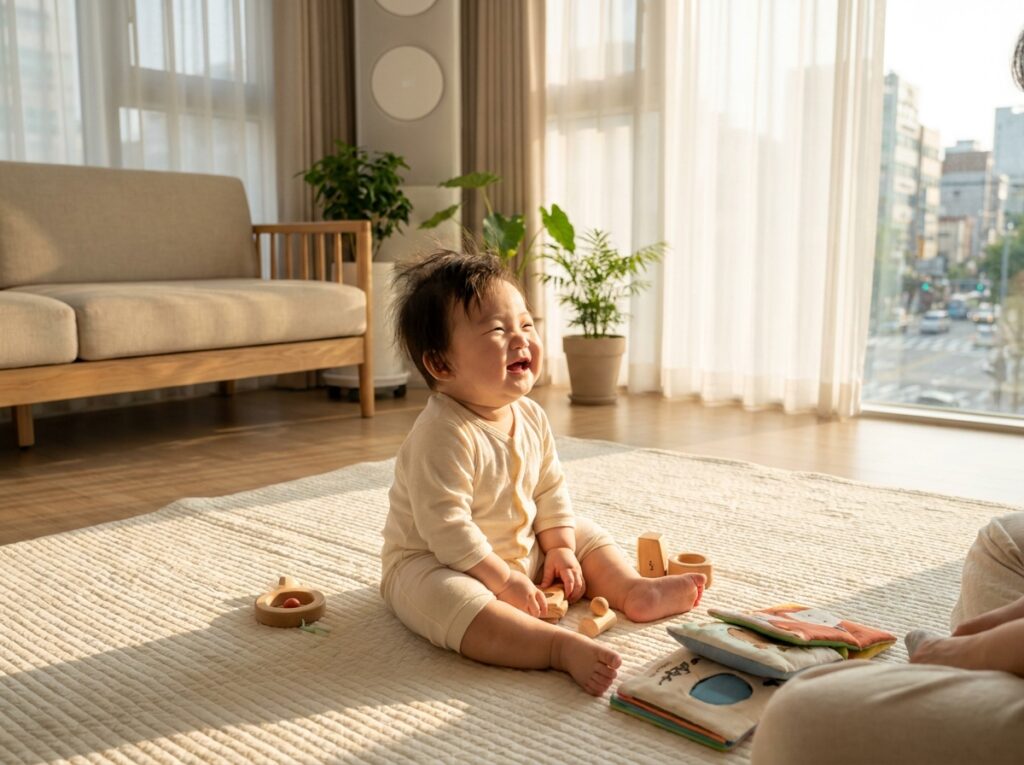 초여름 급성 장염 배앓이 걱정 없이 깨끗한 환경에서 건강하고 밝게 웃는 한국 아기의 모습