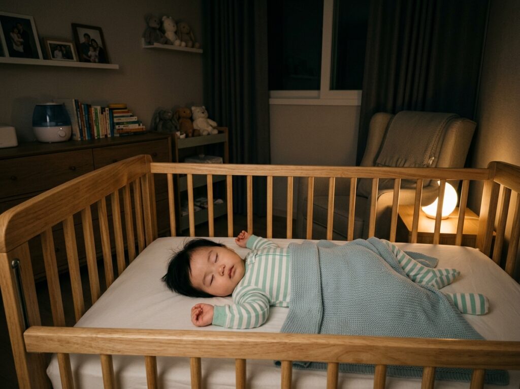 통잠에 성공한 아기 수면 모습, 안정적인 수면 환경에서 편안하게 자는 아이