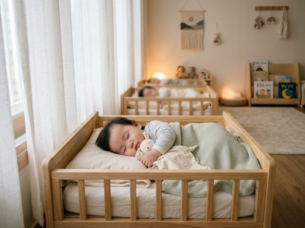 어린이집 낮잠 시간에 올바른 애착 형성 루틴으로 안정감을 느끼며 잠든 0세 영아