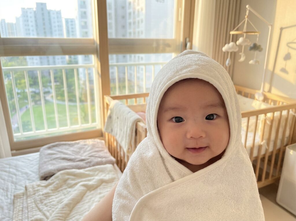안심 온도 목욕 후 태열이나 열꽃 없이 뽀송하고 편안하게 미소 짓는 신생아 모습