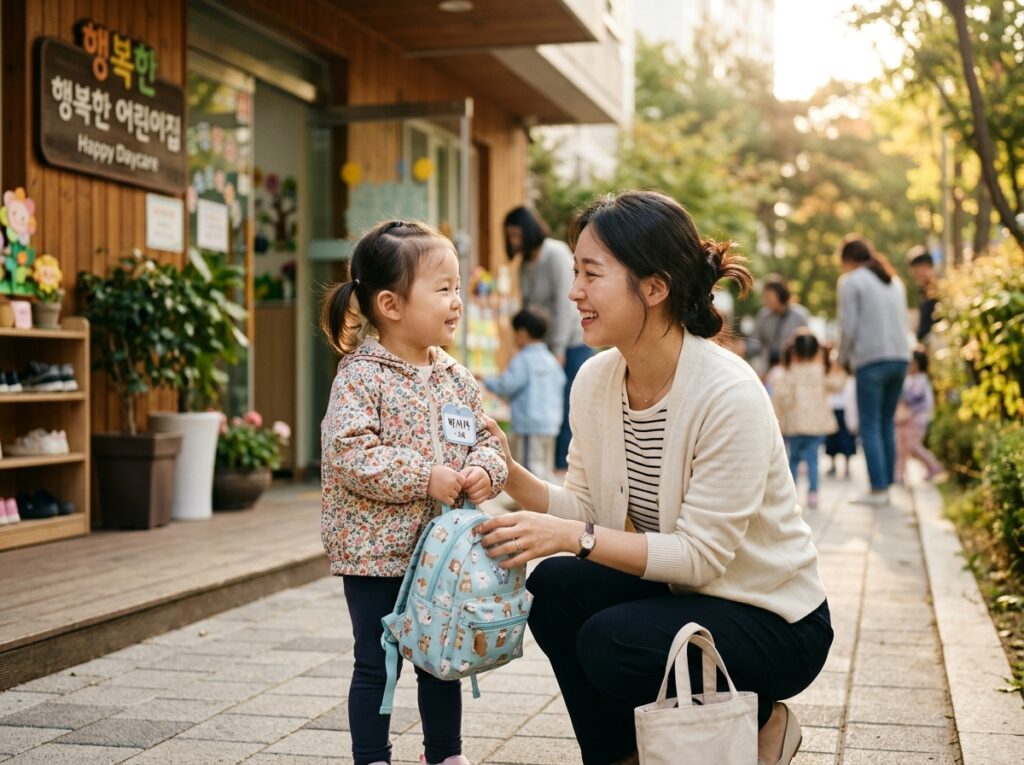 어린이집 등원거부 해결을 위해 아이와 눈을 맞추며 인사하는 엄마