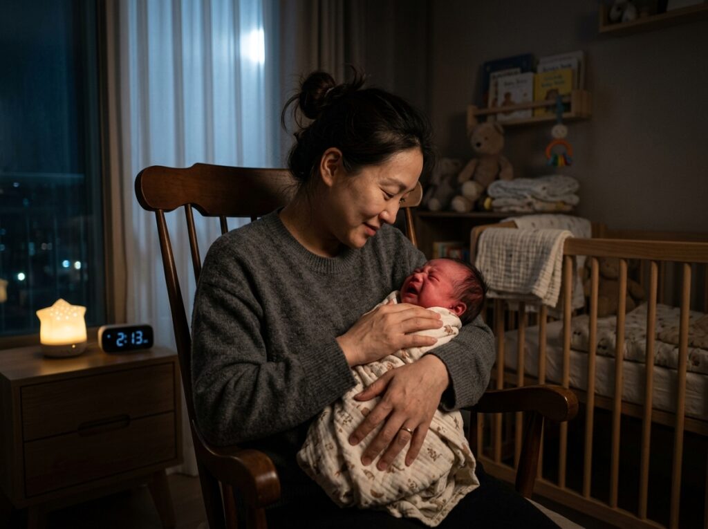 새벽에 배앓이로 우는 아기를 달래는 3040 맞벌이 부모의 모습