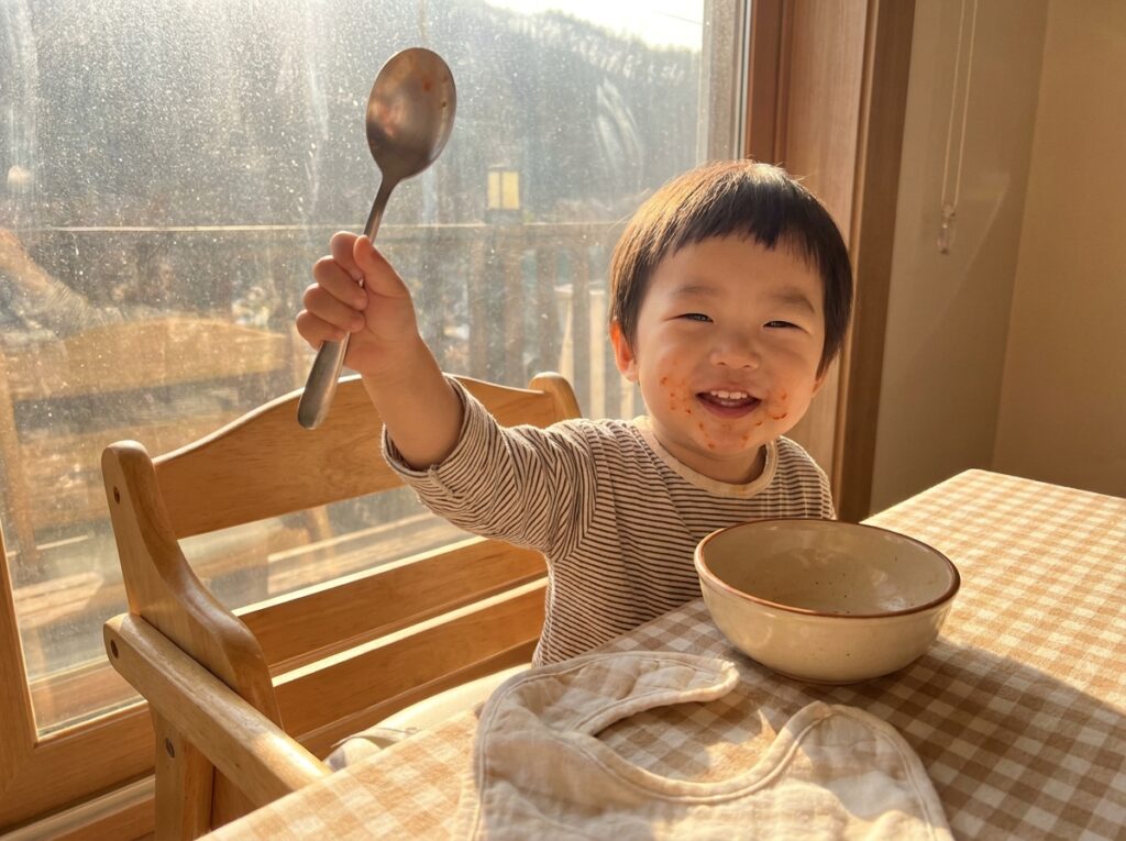 편식을 극복하고 스스로 밥을 다 먹은 후 성취감을 느끼는 행복한 아이