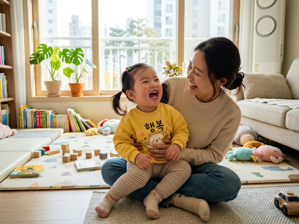 쪽쪽이를 끊고 언어 발달이 촉진되어 밝게 웃는 아이의 모습