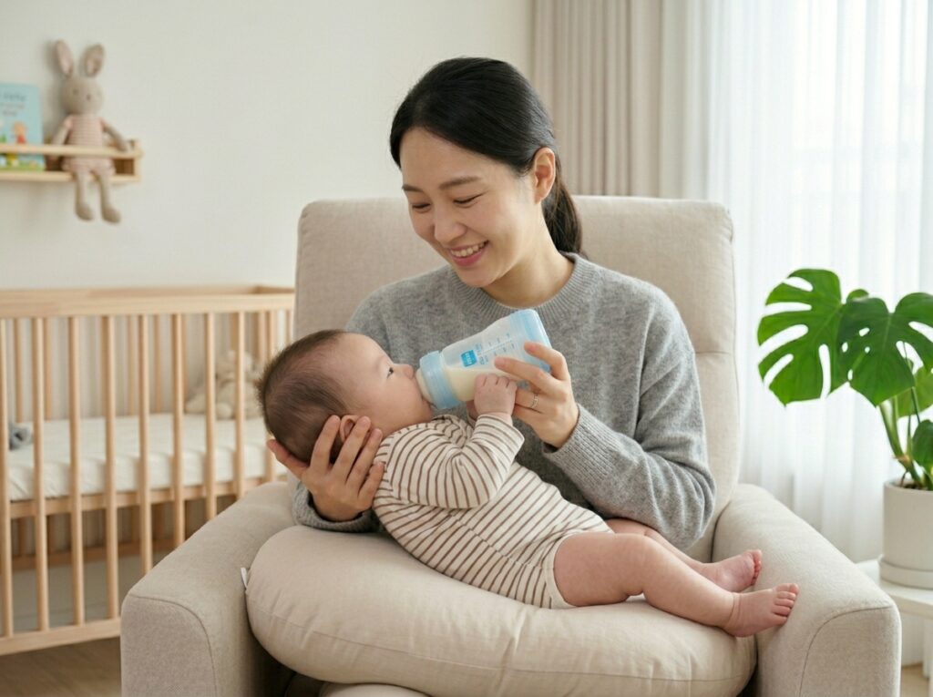 배앓이 방지를 위한 올바른 젖병 수유 자세 45도 각도 예시