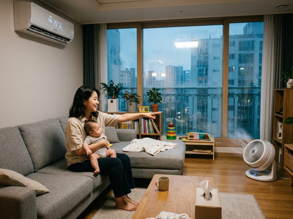 장마철 아기방 습도 조절을 위해 에어컨 제습 모드와 서큘레이터를 동시 가동하는 모습