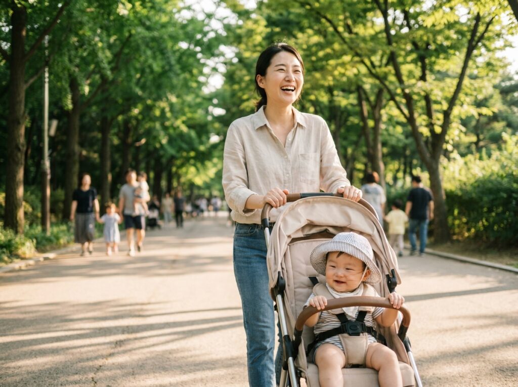 안전한 무엽 선풍기를 장착한 유모차를 밀며 행복하게 산책하는 한국인 엄마와 아기