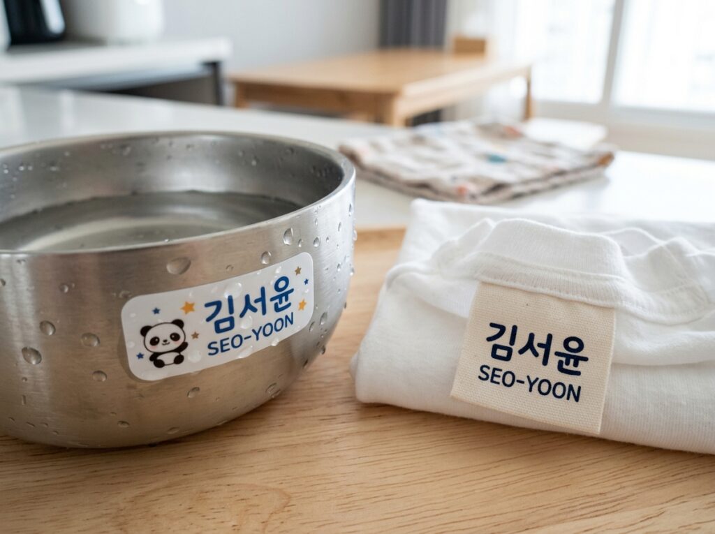 식기세척기에도 강한 방수 네임스티커와 의류용 이름 도장 활용