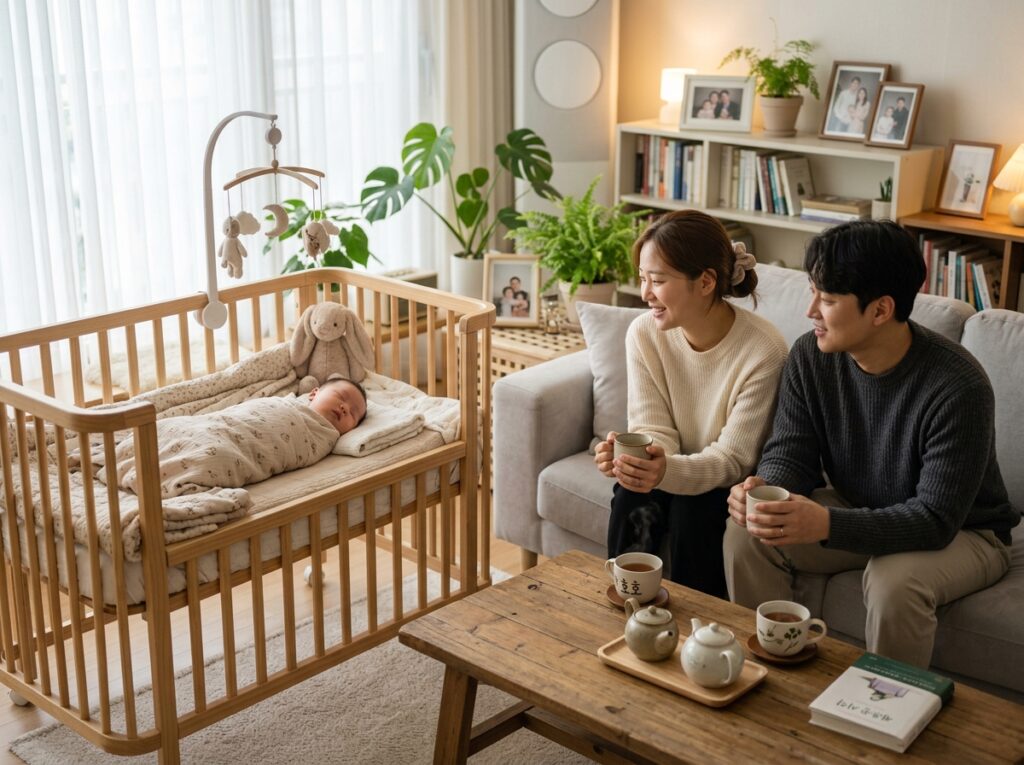 배앓이 해결 후 아기의 통잠과 부모의 휴식 시간이 확보된 행복한 가정의 모습