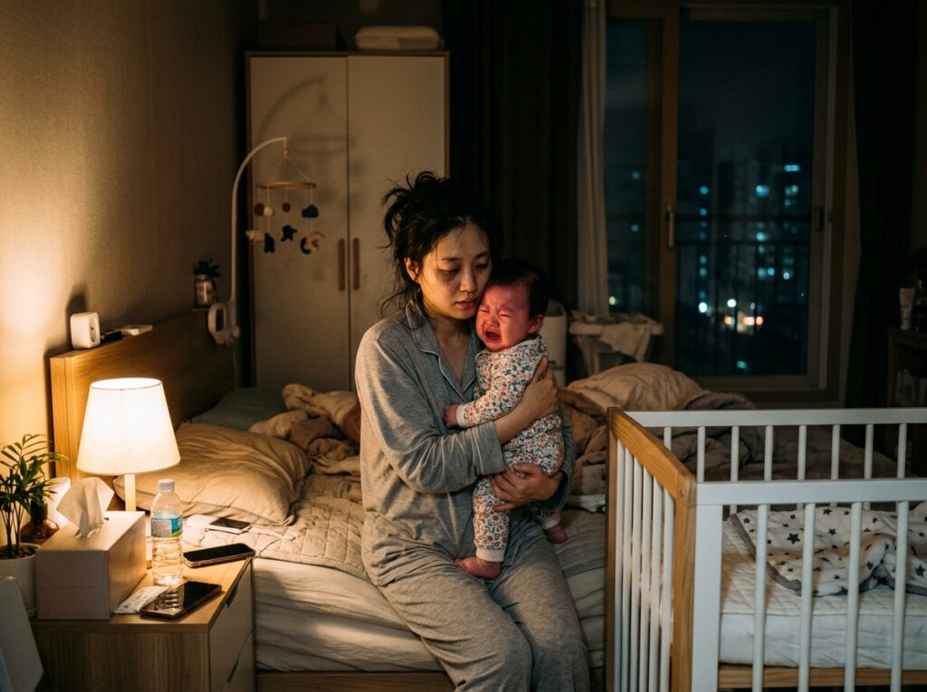 아기 분리불안 시기 내려놓으면 깨는 상황, 밤에 아이를 안고 재우는 맞벌이 부모 모습