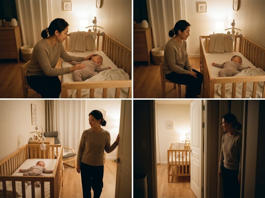 아기 분리불안 시기 점진적 거리 조절 방법, 부모가 아이와 거리를 조금씩 늘리는 수면 훈련 모습