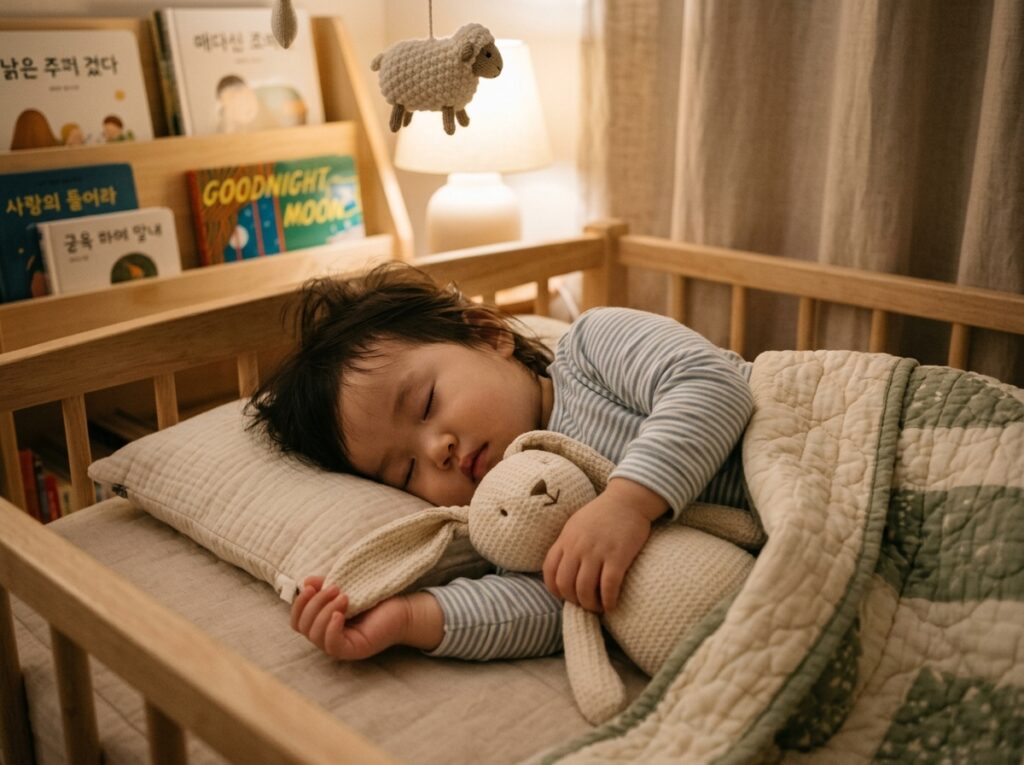 쪽쪽이 없이 애착 인형을 안고 통잠을 자는 아이