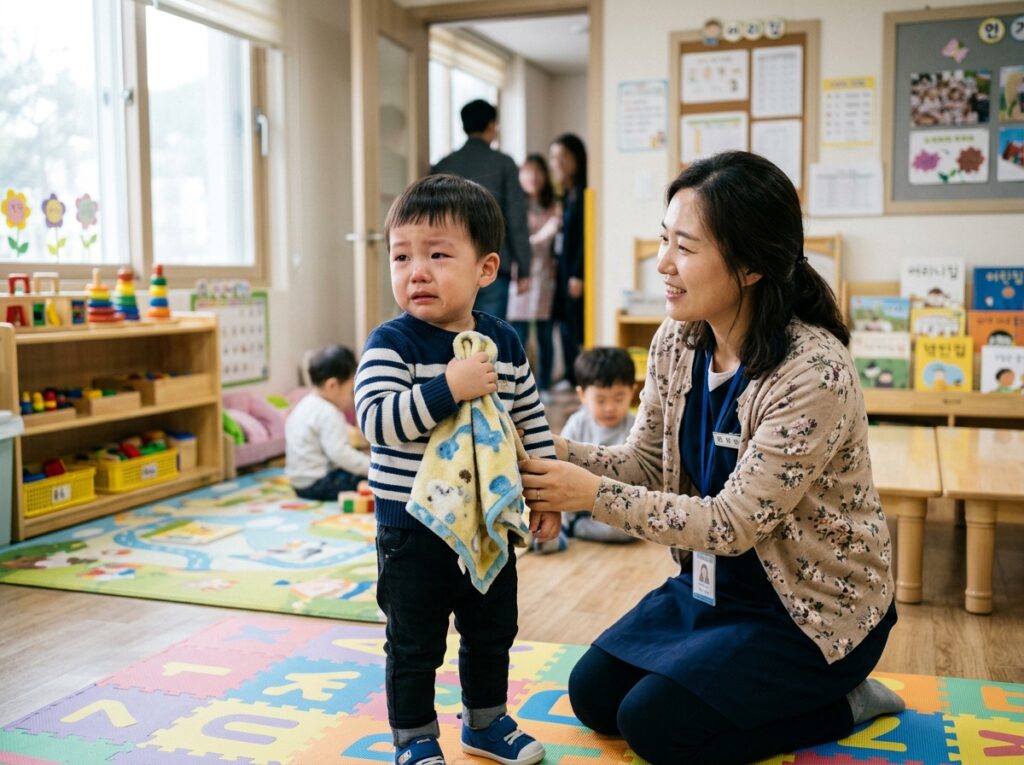 어린이집 등원 시 분리불안으로 우는 아기를 달래는 현직 유치원 교사
