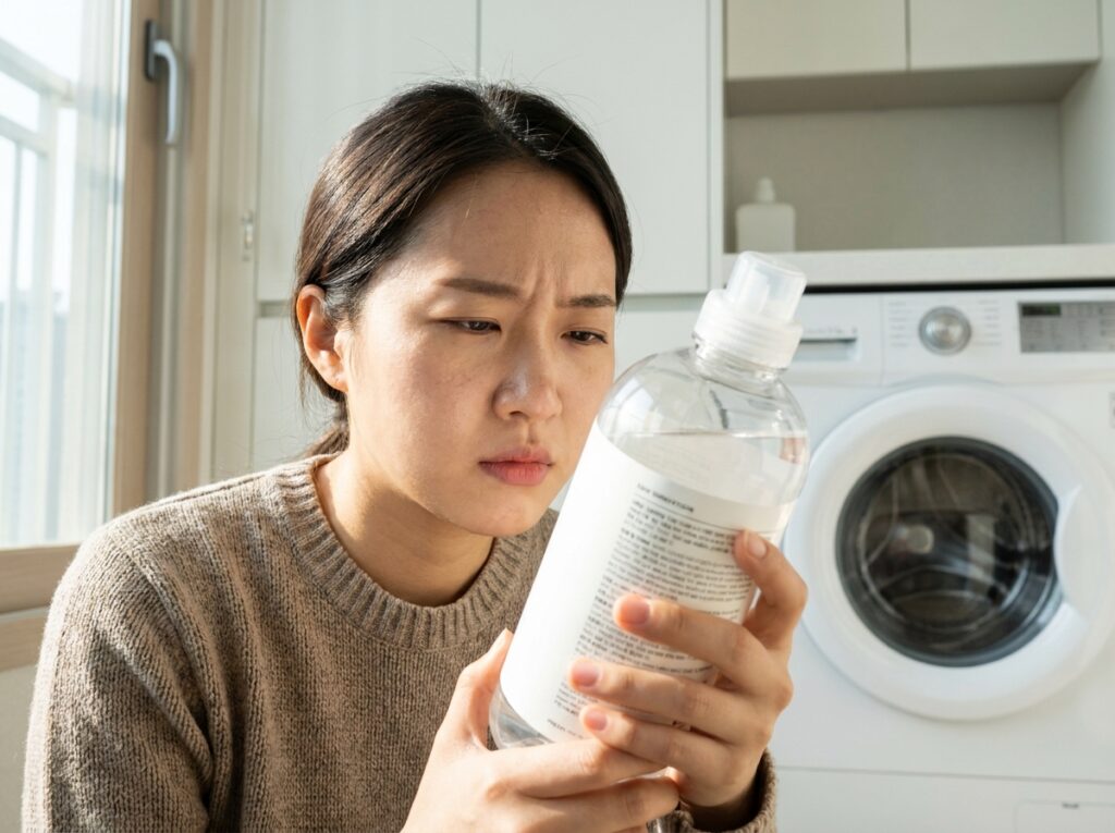 아기 세제 뒷면 성분표의 유해 성분을 꼼꼼히 확인하는 부모