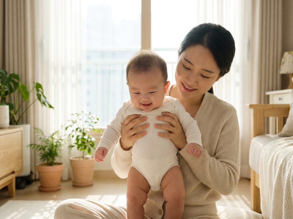 미생물학적 멸균 공식과 천연 성분 배합의 세정 역학 조합을 통해 섬유 자극 없이 안전하게 정결한 의류를 착용한 신생아 모습