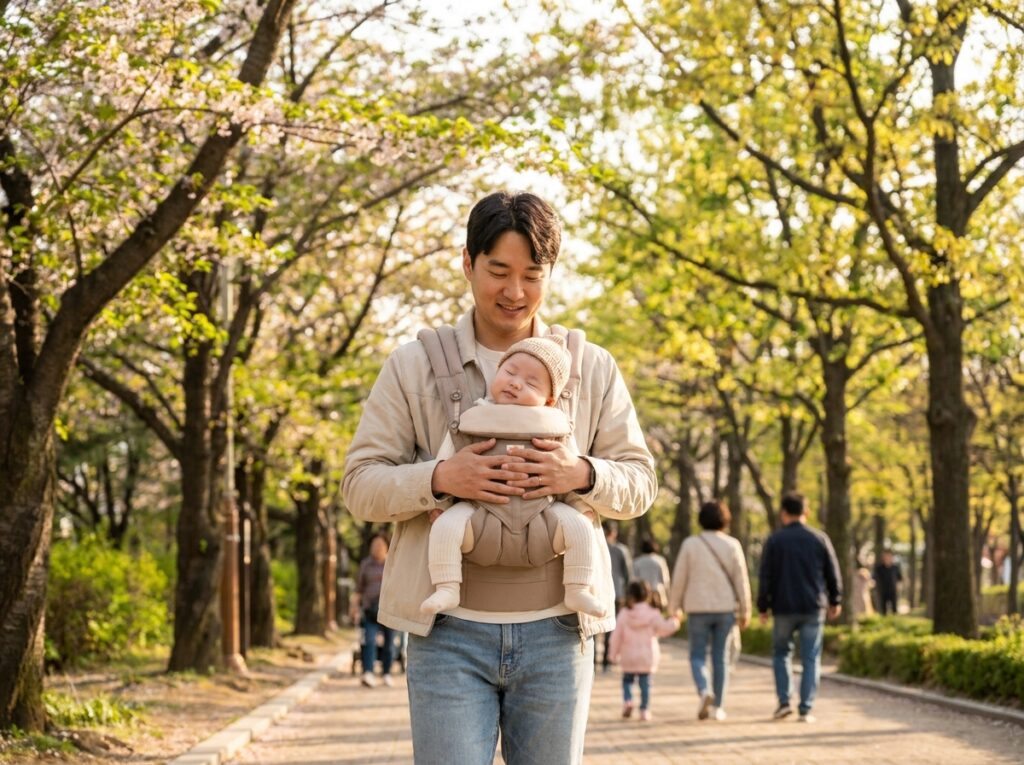 IHDI 국제 인증 아기띠의 M자 다리 각도 조절 스펙 매칭을 통해 척추 무리 없이 편안하게 안겨 산책을 즐기는 신생아 모습
