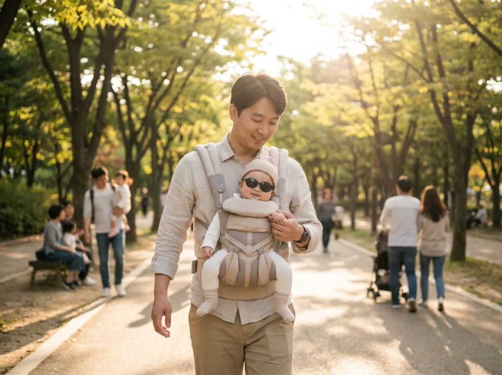 UV400 국제 인증 아기 선글라스의 편광 렌즈 각도 조절 스펙 매칭을 통해 안구 무리 없이 편안하게 안겨 산책을 즐기는 신생아 모습