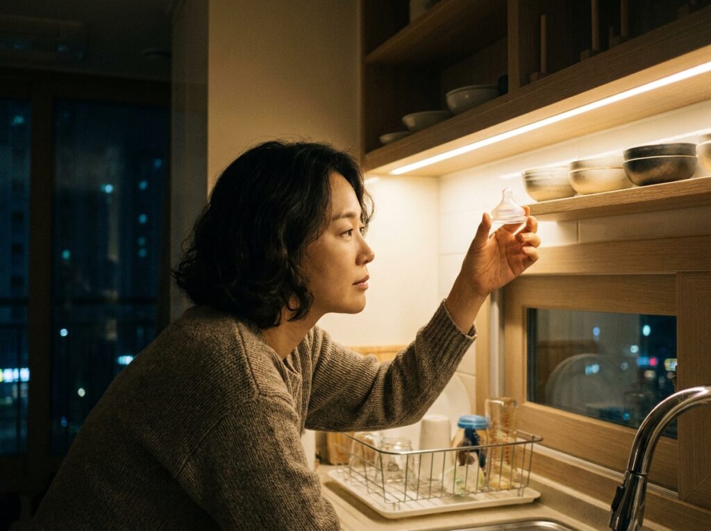 초여름 신생아 구내염 증상 예방과 구강 칸디다균 차단을 위해 수유 전 젖병 꼭지 내벽의 잔류 수분을 정밀하게 검수하고 있는 부모의 현실적인 일상 모습