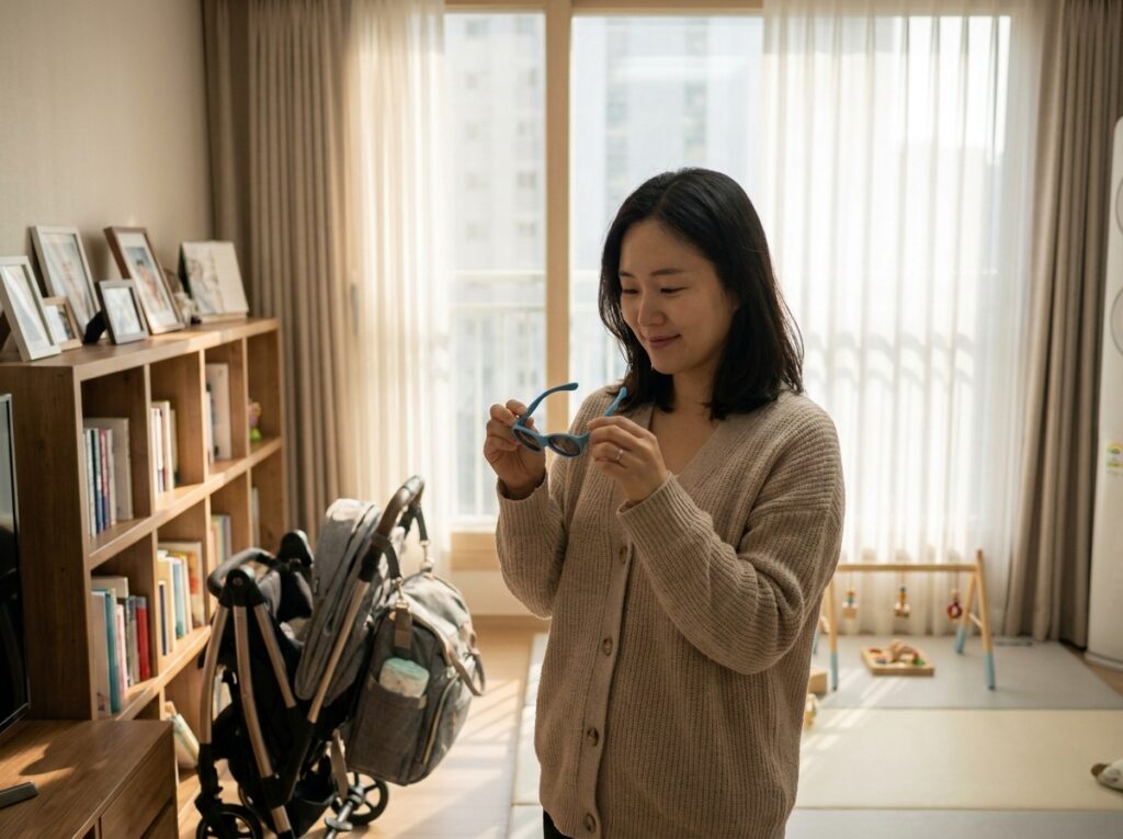 초여름 아기의 올바른 안구 형성과 망막 보호를 위해 외출 전 아기 선글라스 하드웨어를 검수하고 있는 부모의 현실적인 일상 모습