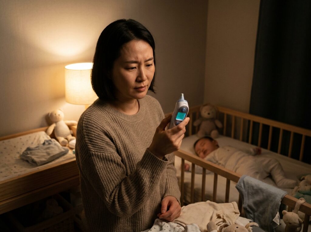 초여름 아기의 정확한 심부 온도 추적과 간 대사 보호를 위해 새벽녘 체온계 수치를 정밀하게 모니터링하고 있는 부모의 현실적인 일상 모습